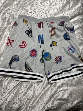 White NBA Team Logo Mesh Athletic Shorts with Stripe Hem